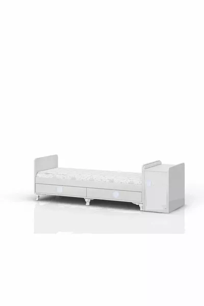 Бяла люлка с шкафче, която може да расте с бебето + сива комплект за сън с подарък