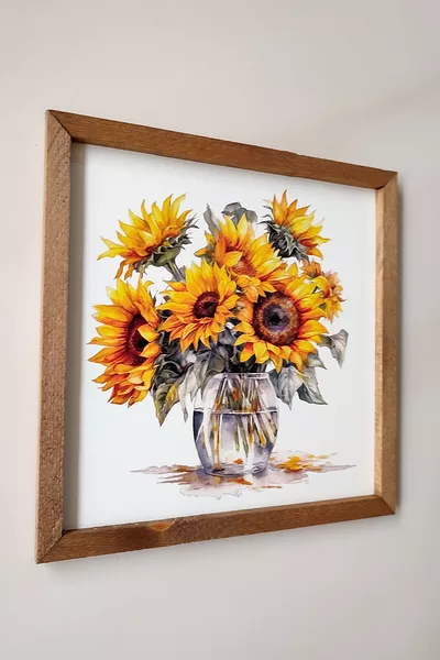 MDF-schilderij met UV-print van zonnebloem in een houten lijst en pot
