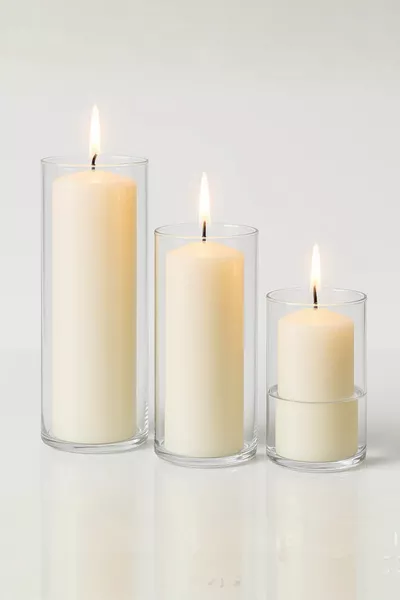 Комплект от 3 стъклени свещника с цилиндрична форма, декоративен комплект от три стъклени свещника, модерен комплект стъклени свещници