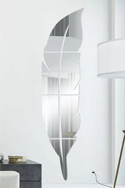 Specchio in plexiglass da parete argento con adesivo, piuma 7, taglia media, design decorativo elegante, plexiglass 1mm, 
