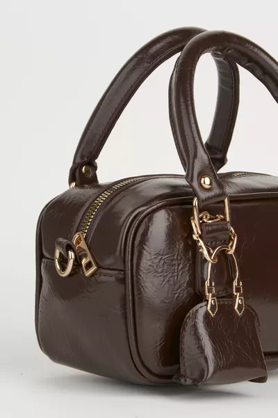 Women's Lale Dark Brown Bag Charm Detailed Patent Leather Zipper Closure Hand, Arm, and Shoulder Bag