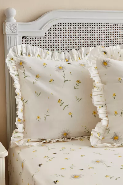 طقم شراشف مزدوجة بحواف كشكش من القطن بنسبة % إما - أصفر (PP)