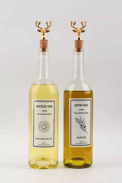 Набор из 2-х прозрачных стеклянных бутылок для масла с пробкой,  мл, модель «Золотой Олень», с углубленным дном