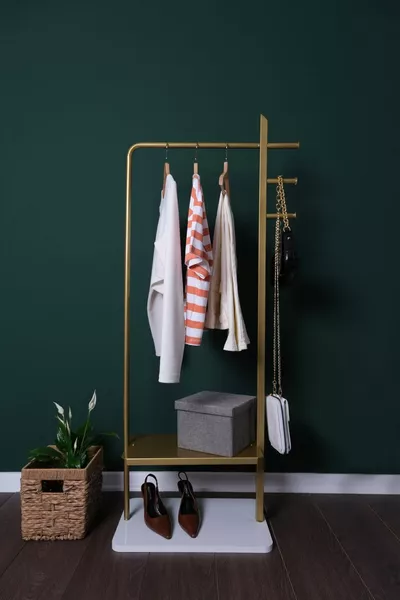 حامل ملابس معدني بقاعدة على شكل قدم بوسيدون، حامل ملابس للملابس الجاهزة، حامل فساتين ذهبي، حامل ملابس