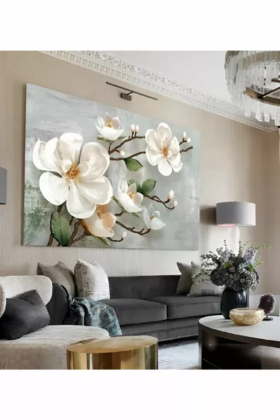 Olieverf-effect Mosgroen-grijs Basis Grote Bloem Canvas Wandschilderij