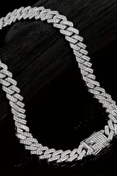 Collier chaîne Cubaine grande avec pierres, argent