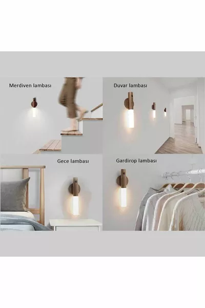 Şarjlı Kablosuz Sensörlü Led Aplik Şarjlı Ahşap Görünümlü Harekete Duyarlı Dekoratif Duvar Lambası