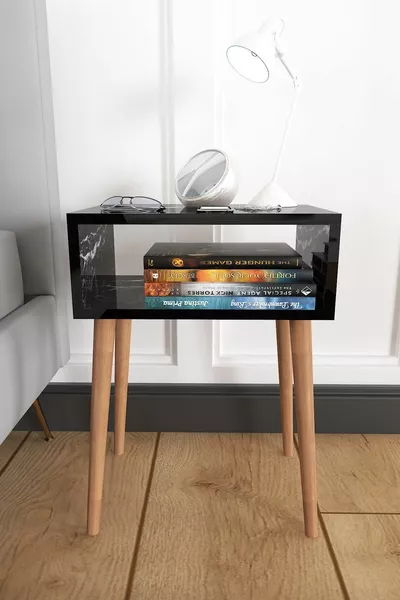 Ceren Bedside Cabinet with Wooden Legs and No Drawers – Black Marble