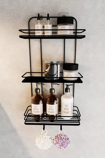 Набор из 2 черных настенных ванночных органайзеров с липкой основой, безржавеющие, с держателем для шампуня и крючками для мочалок