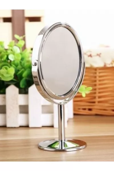 Mini Size Chrome Plated Table Mirror with 2x Magnifying Glass, Decorative Makeup Mirror, Double-Sided, Metal Stand