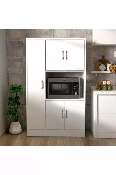 خزانة متعددة الاستخدامات ريفا 5 بأبواب، مع رف للفرن، مطبخ وحمام، خزانة مؤن باللون الأبيض