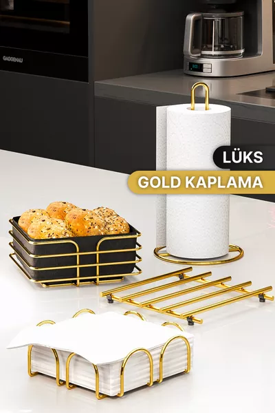 Sofra Mutfak Sunumluk Rulo Peçetelik Havluluk Nihale Ekmeklik 4lü Sofra Seti Mutfak Düzenleyici GOLD