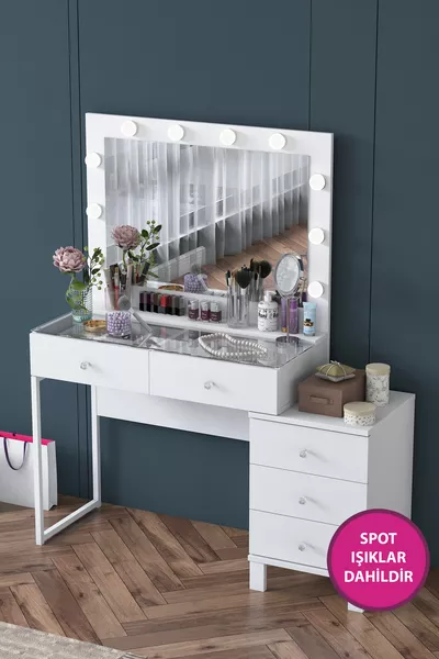 Rani Coiffeuse de Coulisses avec Miroir Illuminé Hollywood, 5 Tiroirs, Organisateur de Bijoux, Blanc