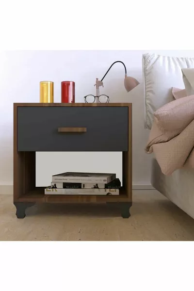 خزانة جانبية بدرج واحد بلون الجوز والفحم الرمادي