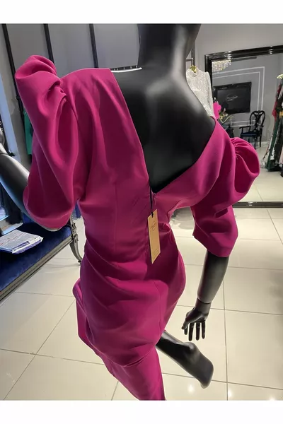 Festa Celebrazione Vestito Scollato Educato Elegante Palloncino Manica Abito Midi Fucsia