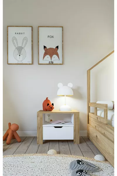 Comodino Nisan con cassetti Bianco-noce chiaro