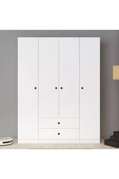 Mobilya 4 Kapak 2 Çekmeceli Gardolap Beyaz