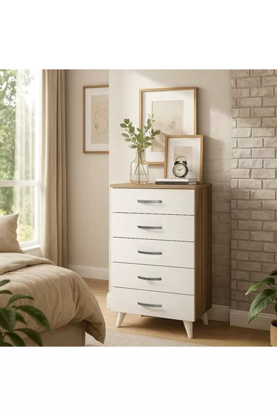 Cemre 5 Çekmeceli Şifonyer Beyaz-Ceviz