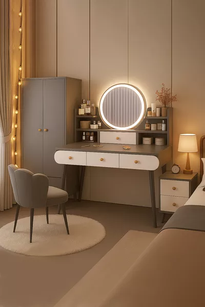 Coiffeuse moderne avec miroir rétroéclairé LED en MDF de qualité 1ère classe, table de toilette (G)