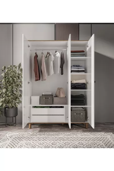 3-Deurs 2-Laden Spiegelende Boheemse Kast, Kledingkast Wit - Helemaal van MDF van Topkwaliteit