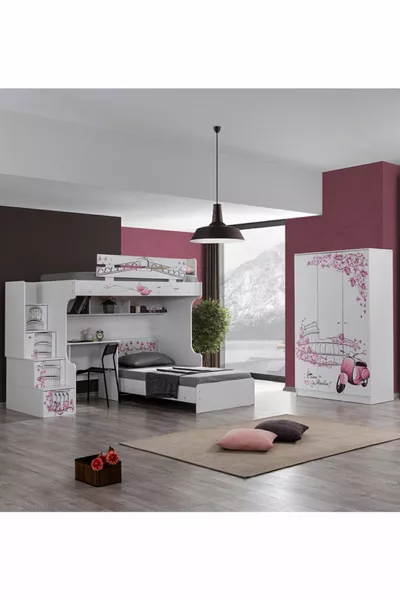 Кровать-чердак, кровать Пиза с письменным столом и шкафом с тремя дверцами