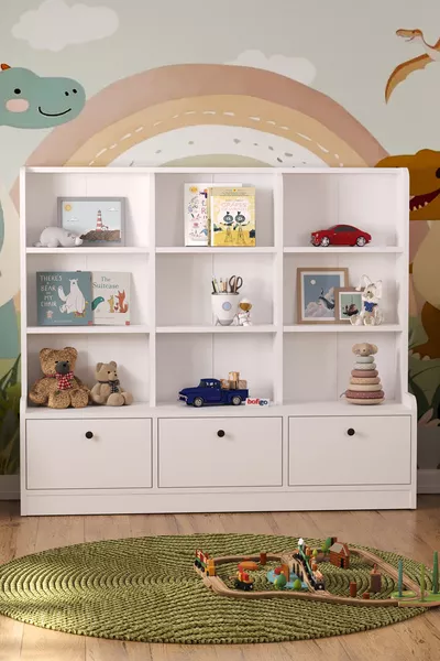 3-türiger 9-regaliger Schrank Bücherregal Mehrzweckschrank Spielzeugschrank Demet Weiß