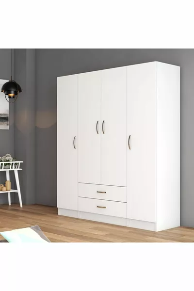 خزانة ملابس واسعة بأربعة أبواب ودرجين باللون الأبيض - 