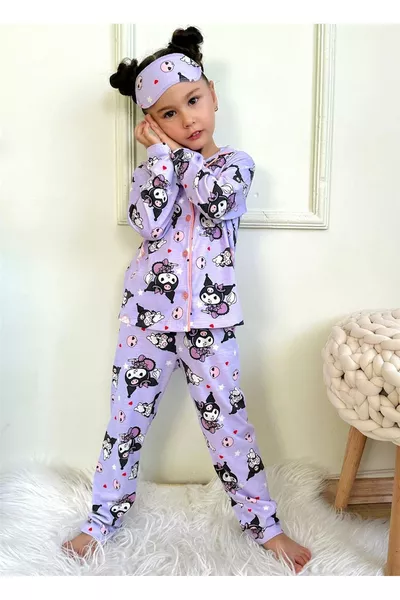 Girls' Lilac Long-Sleeve Pajama Set with Cat Pattern