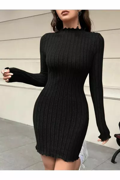 فستان نسائي بياقة عالية عصري من قماش مضلع ومرن قطن، مناسب لفصلي الخريف والشتاء