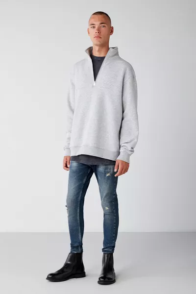 Frame Heren Trui met Halve Rits en Rechte Kraag van Zacht Fleece Regular Grijs Gemêleerd