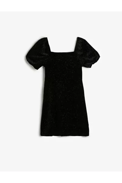 Glitter Detailed Balloon Sleeve Black Girls' Dress AK