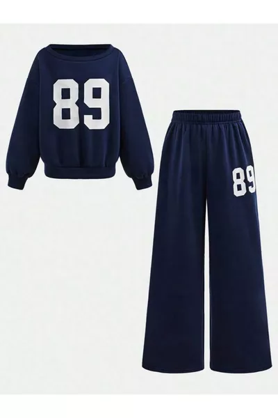 Girl's  Printed Navy Crew Neck Sweatshirt - Loose Fit Navy Tracksuit Set