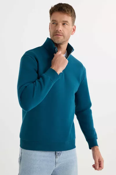 سويت شيرت برقبة عالية نصف سحاب، قطن مريح، مبطن من الداخل بالفليس، مقاس مريح للجنسين، بلون إنديجو