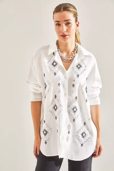 قميص نسائي من الكتان صوفيا مزين بالترتر المطرز 
