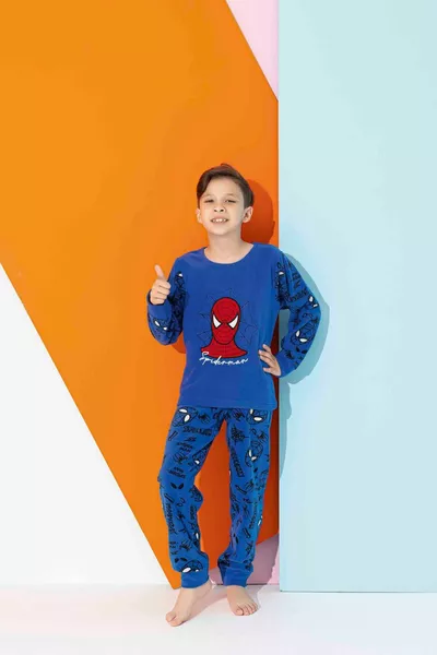 Men's, Boys' and Children's Blue Spider Pattern Long-Sleeve Fleece Winter Warm Pajama Set