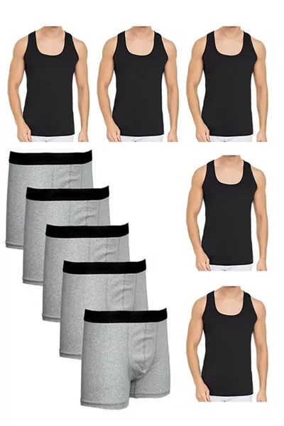 طقم مكوّن من  قطع من القمصان الداخلية والسراويل الداخلية: 5 سراويل داخلية رمادية  قمصان داخلية رمادية من القطن