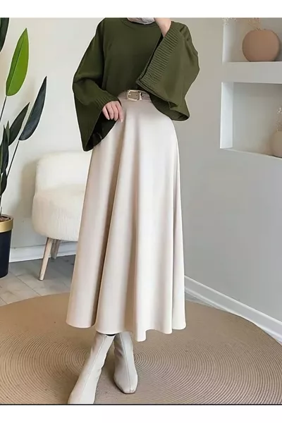 Women's Puff Scuba Beige Modest Flared Skirt