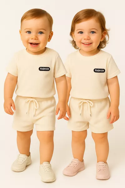 طقم شورت صيفي من الوافل موضة، للأطفال من 6 أشهر إلى 3 سنوات، بيج فاتح