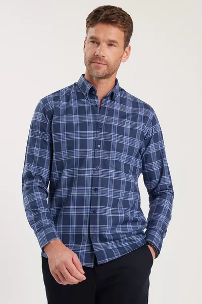 Erkek Regular Fit Klasik Kesim Pamuklu Küçük Kareli Düğmeli Yaka Gömlek