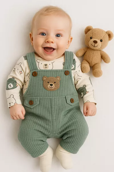 طقم رومبير ولادي من قطعتين مطرز بالدب، بأكمام طويلة، للمواليد الجدد، مع إغلاق أزرار، مع جوارب كهدية