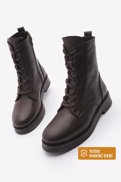 حذاء نسائي من الجلد الطبيعي مع رباط وسحاب باللون البني