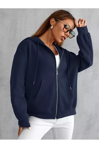 سويت شيرت بغطاء للرأس بسحّاب باللون الأزرق الداكن للجنسين