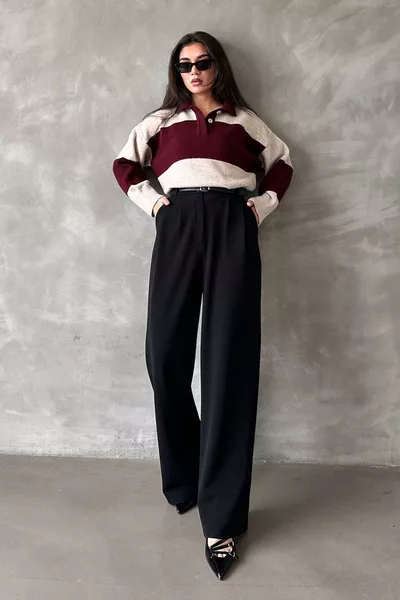 بنطال أسود مزدوج الطيات بحزام 