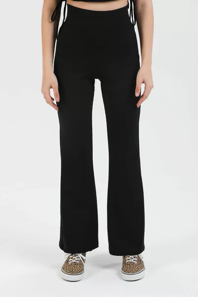 سروال ضيق أسود عالية الخصر، مضلع، مشد، منقوش إسباني واسع القاعدة