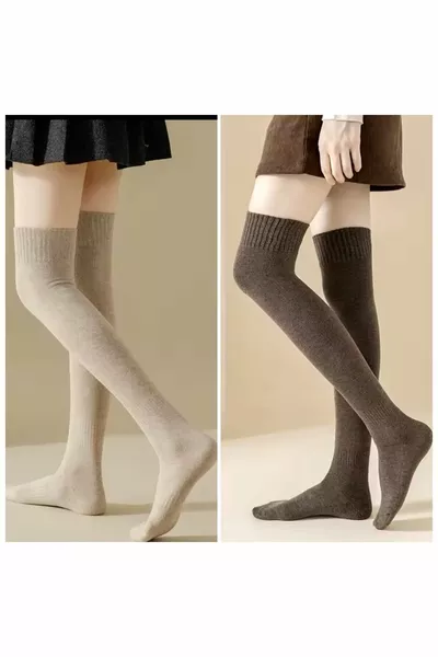 2 جوارب نسائية صوفية شتوية فوق الركبة