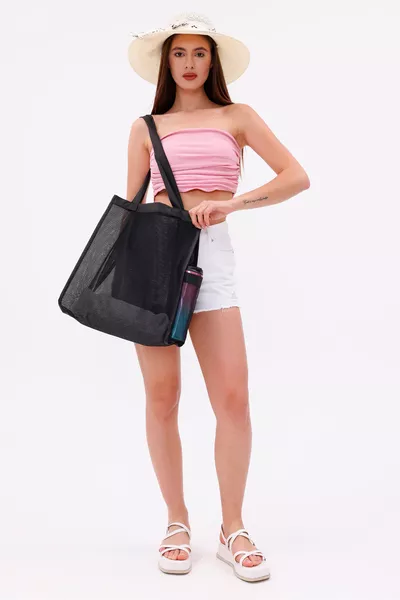 Kum Tutmayan File Plaj Çantası Siyah – Geniş Hacimli Kadın Yazlık Deniz Çantası