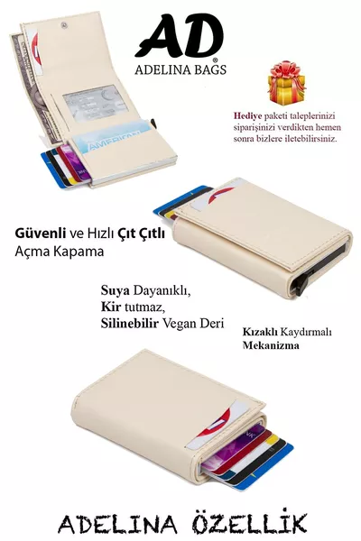 Adelina Unisex Cream Nova Leather Mechanism Automatic Slide Card Wallet (CM)