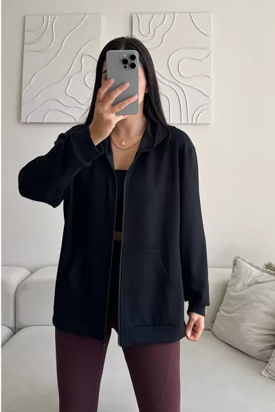 Modal Fabric Relax Fit Long Sleeve Hooded Zip-Up Black Women's Sweatshirt and T-Shirt Set