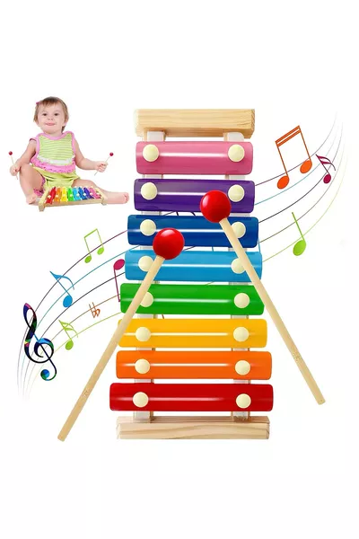 Eğitici Ahşap Ksilofon – 8 Tonlu Renkli Müzik Oyuncağı