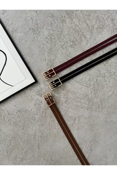 حزام أسود بإبزيم ذهبي مستطيل للنساء